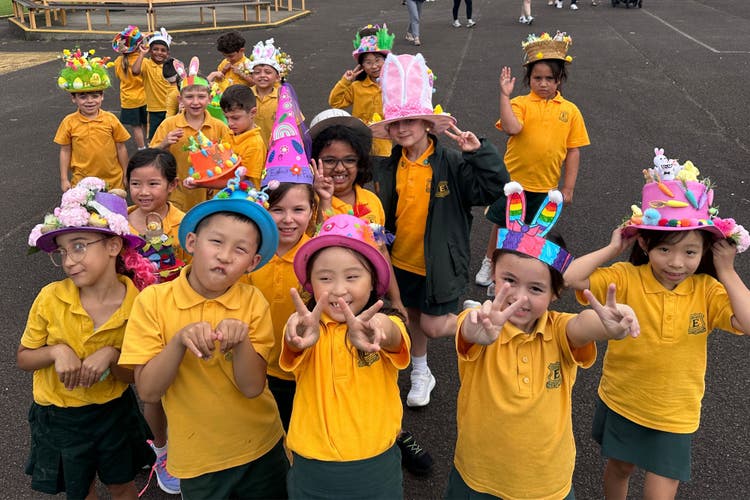 Photograph of students with their Easter hats.