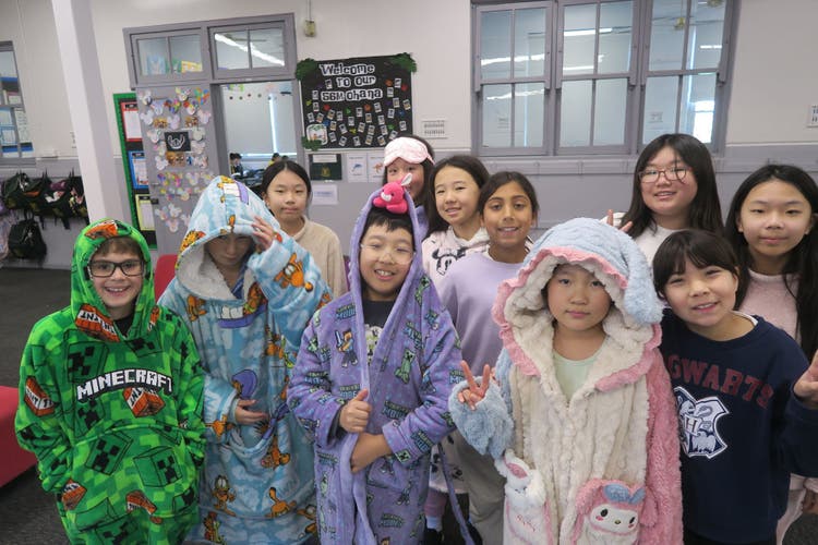 Photograph of students dressed in pyjamas for Pyjama Day.