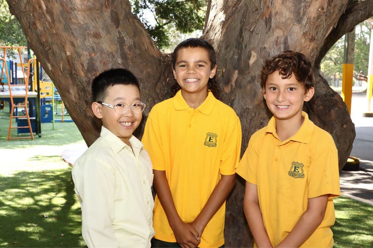 Photograph of three students standing in front of a tree.