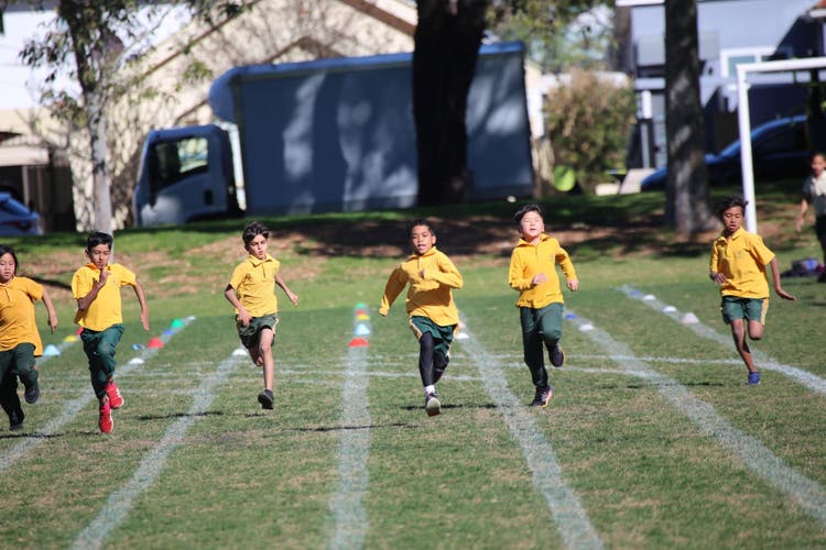 Photograph of six boys running during an athletics carnival.